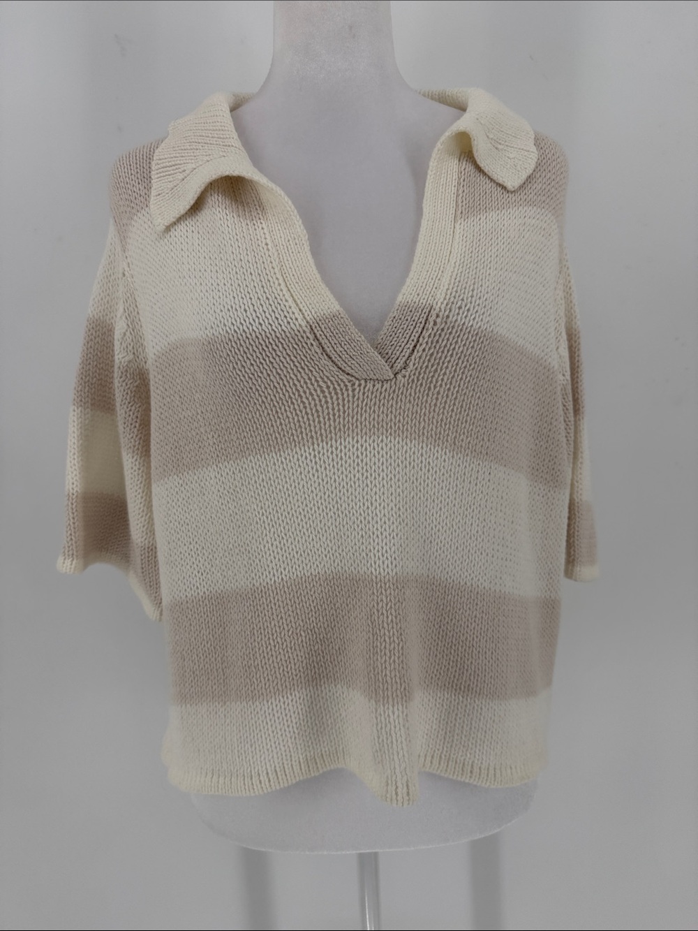 Wooden Ships Cream Beige Striped Collared Knit Sweater Top oversized XS